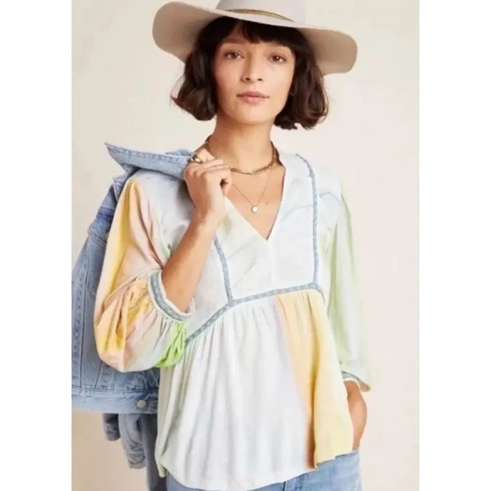 Anthropologie Pastel Rainbow V-Neck Peasant Blouse